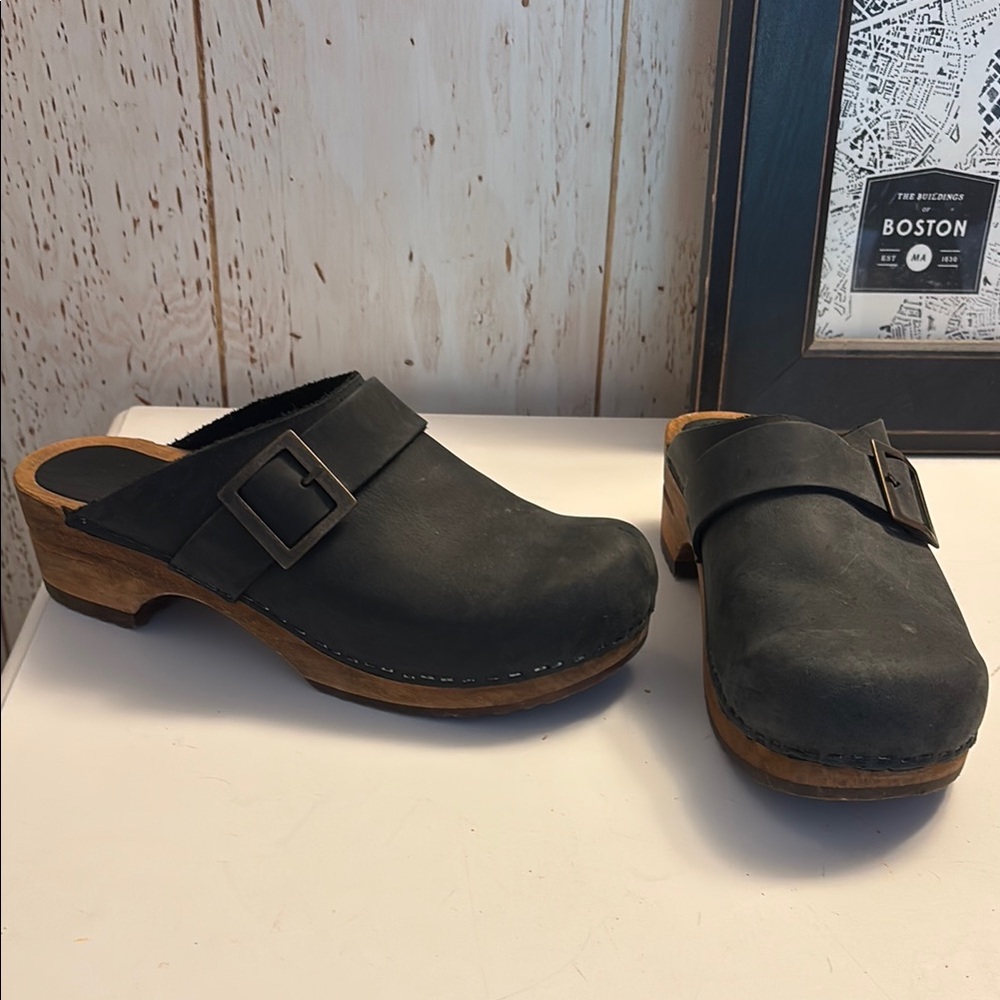 Sanita Grey-Blue Leather Clogs with Wooden Sole